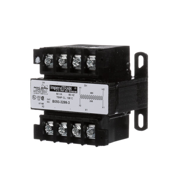 A black Hubbell transformer with a white label.