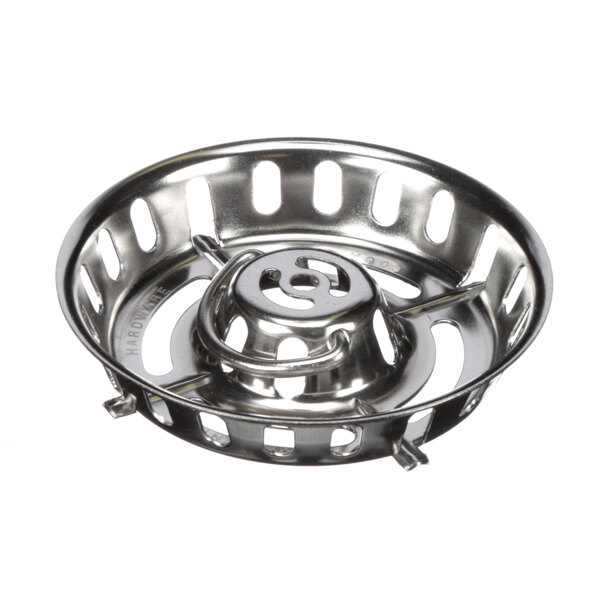 A stainless steel Encore sink strainer with holes.