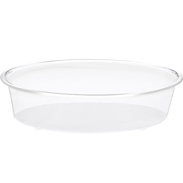 A clear plastic tray with a clear rim holding a clear dome cover.