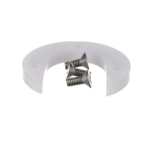 A white plastic Vollrath catch with screws.