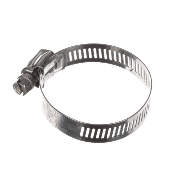 A close-up of a Jackson stainless steel hose clamp with a metal nut.