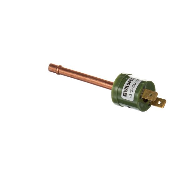 A Hoshizaki water pressure switch with a green and white label on a round device connected to a copper tube.