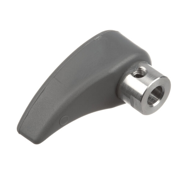 A grey plastic handle with a hole on a metal screw.