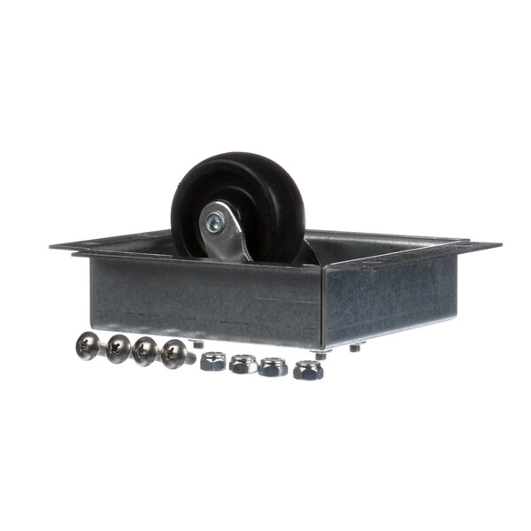 A metal box with a Winston Industries Inc. caster with two black wheels and screws.