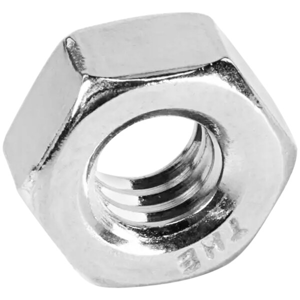 A close-up of a stainless steel 1/4-20 hex nut.