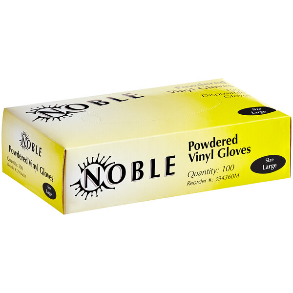 A yellow box of Noble powdered vinyl gloves for foodservice.