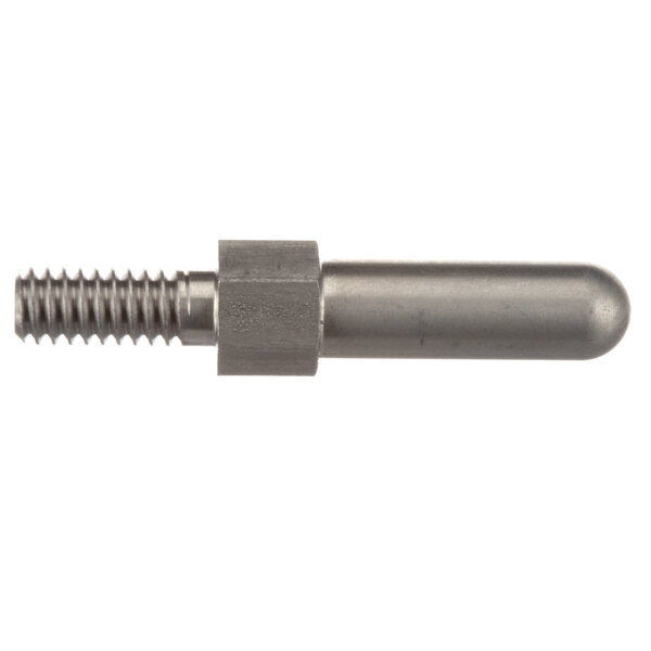 A close-up of a stainless steel metal pin with threads on one end.