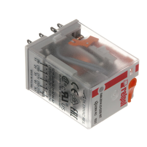 A close-up of a Insinger Feed Relay with red and orange wires in a clear plastic box.