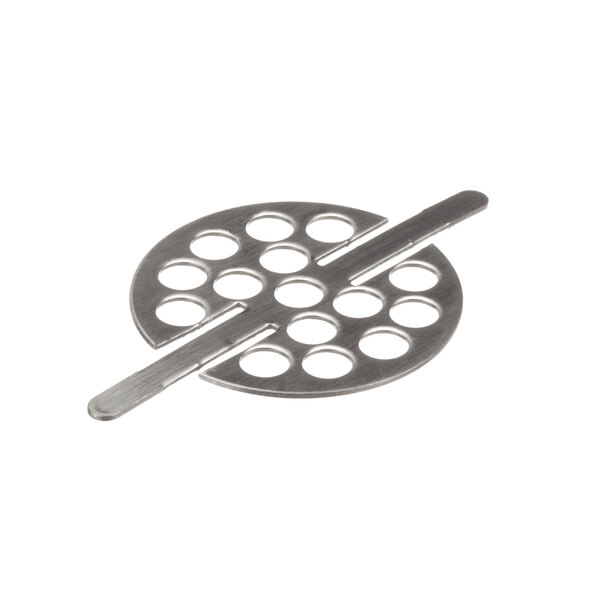 A close-up of a stainless steel Randell drain screen with holes.