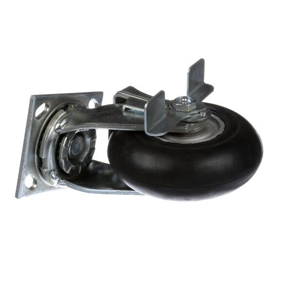 A SaniServ swivel caster with a black wheel and metal parts.