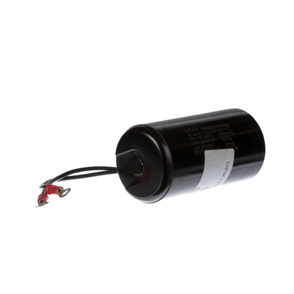 A black True Refrigeration start capacitor with red and white wires.