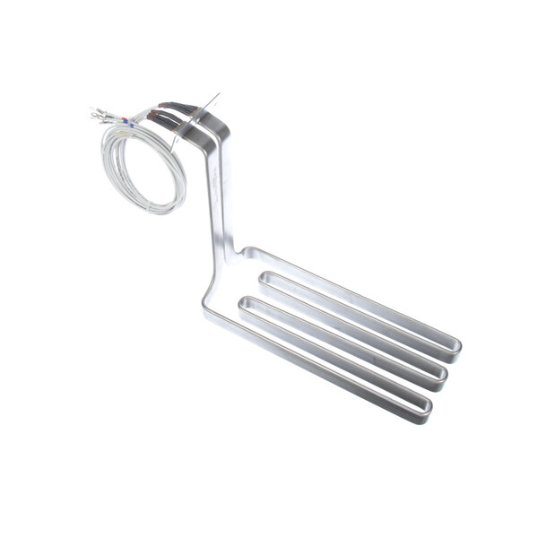 A silver Frymaster heating element with attached wires and a hook.