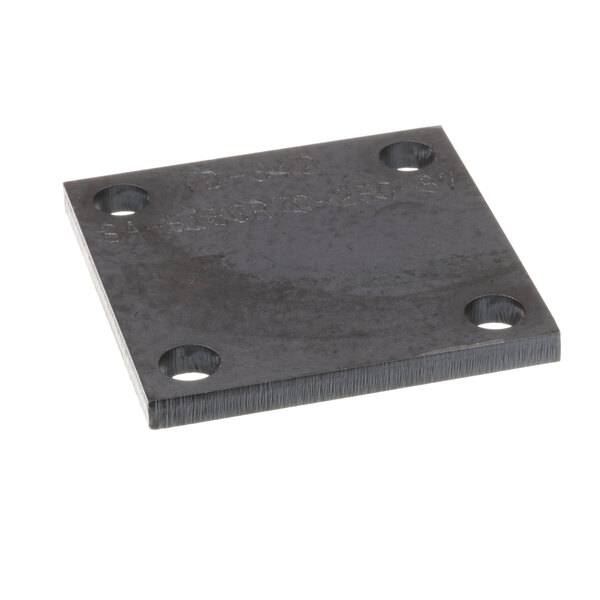 A black square metal plate with holes.