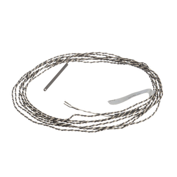 A white wire with a metal hook and a black and white coil of rope.