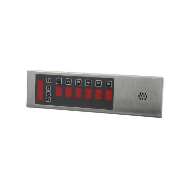 A rectangular metal panel with red buttons and a number panel.