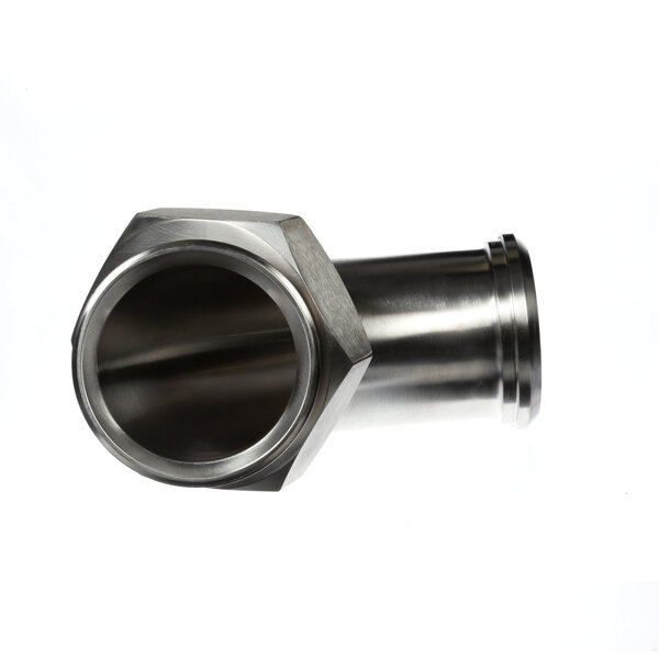 A close-up of a Groen stainless steel elbow pipe fitting with a hexagon-shaped metal nut.