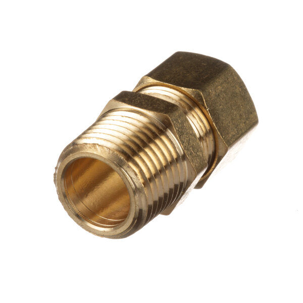 A close-up of a Groen brass threaded male connector.