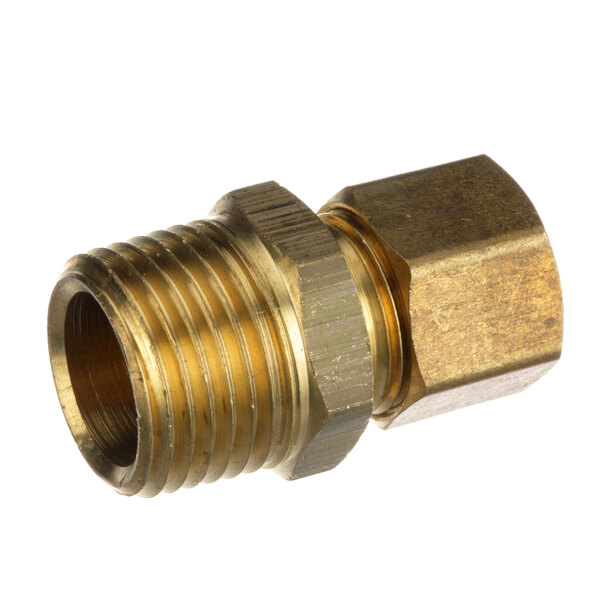 A close-up of a Groen brass male connector.