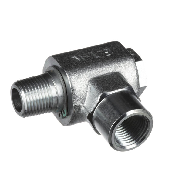 A close-up of a silver stainless steel Groen swivel joint threaded pipe fitting.
