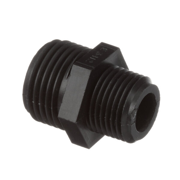 A close-up of a Groen black plastic pipe fitting with a threaded male connector.