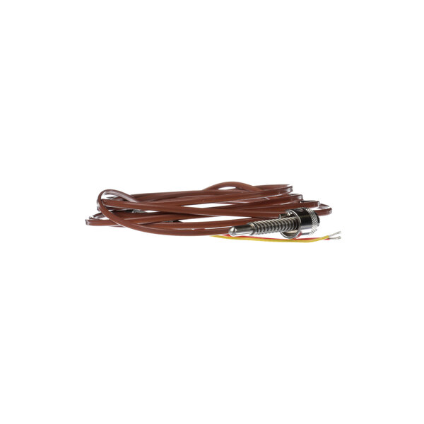 A brown cable with a metal end and two wires.