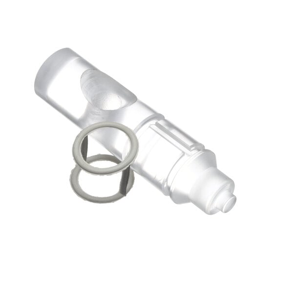 A clear plastic bottle with a white ring and metal tip.
