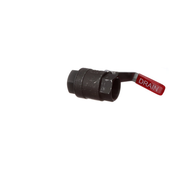 A black Vulcan ball valve with a red handle.