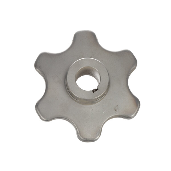 A silver metal Stero sprocket gear with a hole in the center.