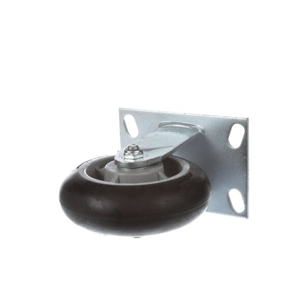 A Dinex caster wheel with a black rubber tire and metal plate.