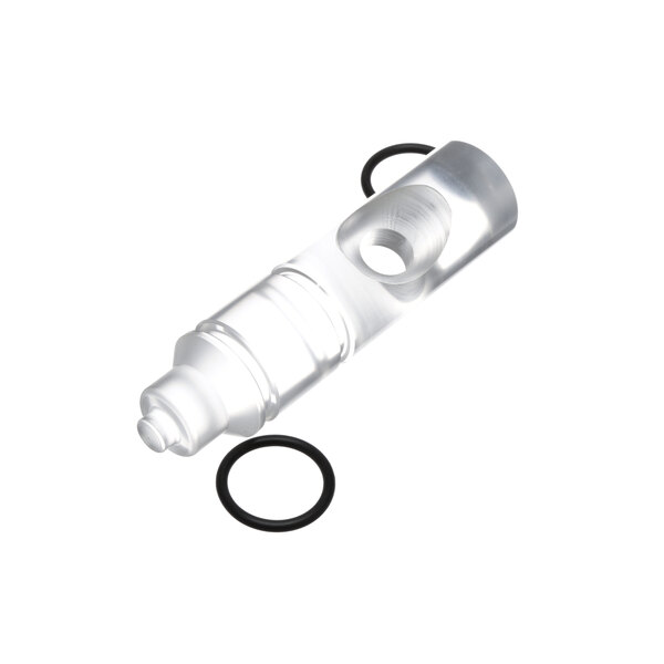 A clear plastic water bottle with a black rubber ring around the spigot.