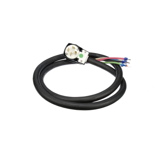 A black Garland power cord with a white round object on the end and green and red wires.