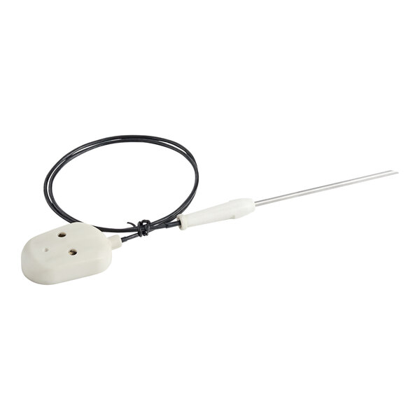 A white thermometer with a black and white cable and white handle.