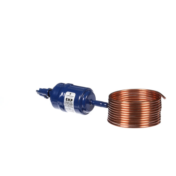 A blue device with a blue cap and a copper tube.