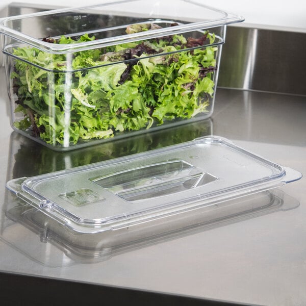 A plastic container with a Carlisle StorPlus lid filled with green and red lettuce.