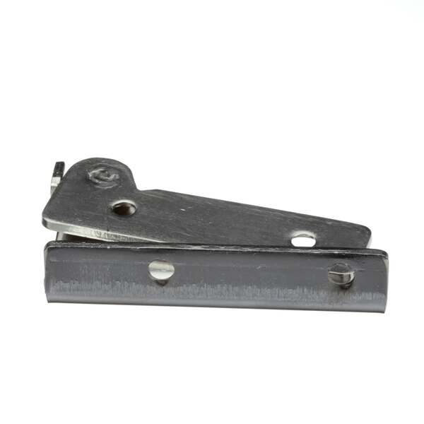 A close-up of a metal Moffat hinge assembly with a latch.