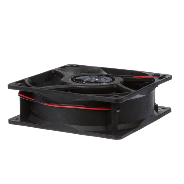 A black square Blodgett M9616 axial fan with red wires.