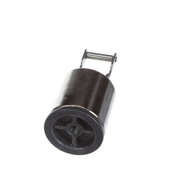 A black metal cylinder with a metal handle.