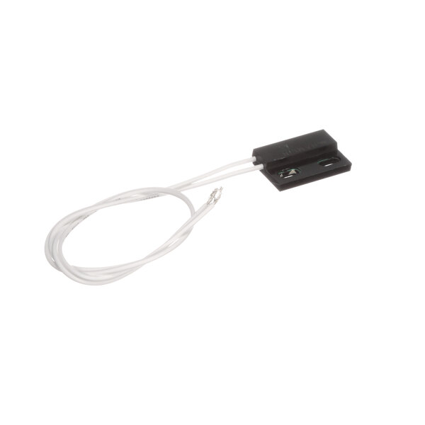 A black rectangular Pitco prox. sensor with black and white wires and a white plug.