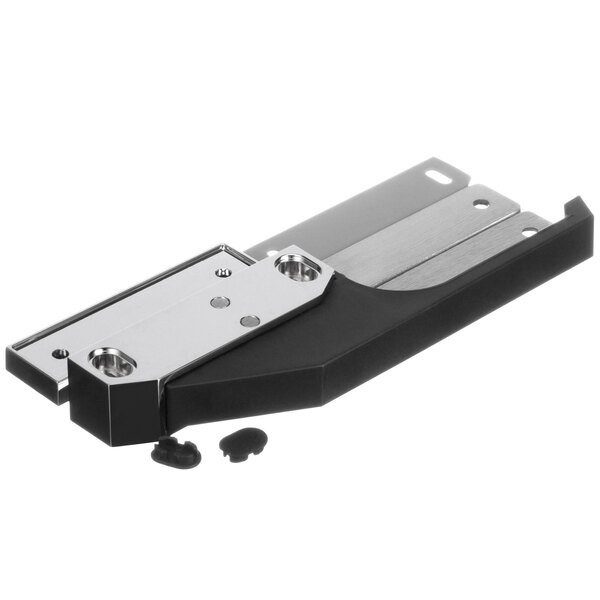 A black and silver metal latch with screws and a metal bracket.