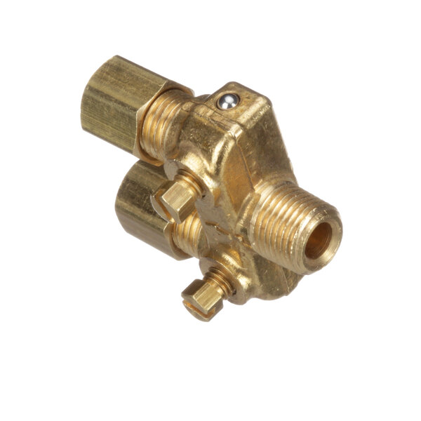 A close-up of a Bakers Pride dual pilot valve with a brass nut and handle.