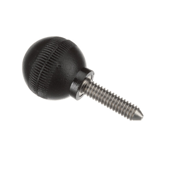 A close-up of a black round knob with a screw on it.