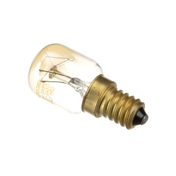 A close-up of an Alto-Shaam oven light bulb with a gold base and wire.