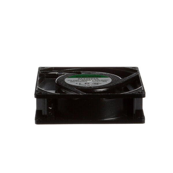 A black Moffat axial cooling fan with green blades.