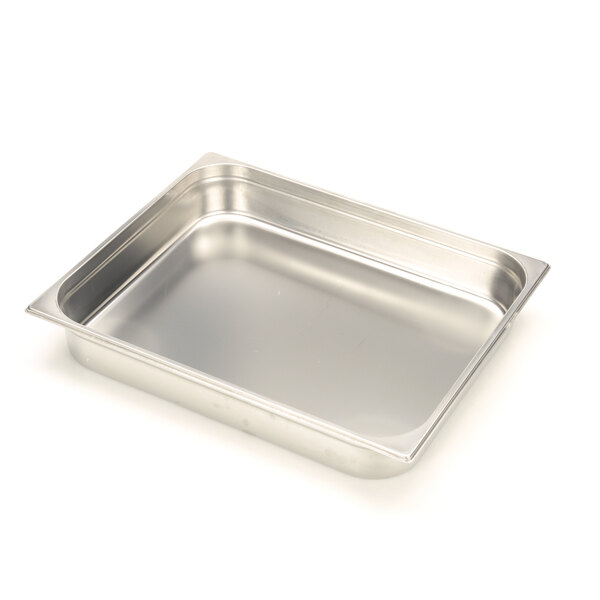 A stainless steel Henny Penny pan with a lid.