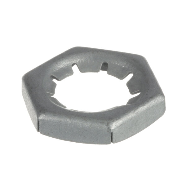A hexagon shaped metal nut with a hole in it.
