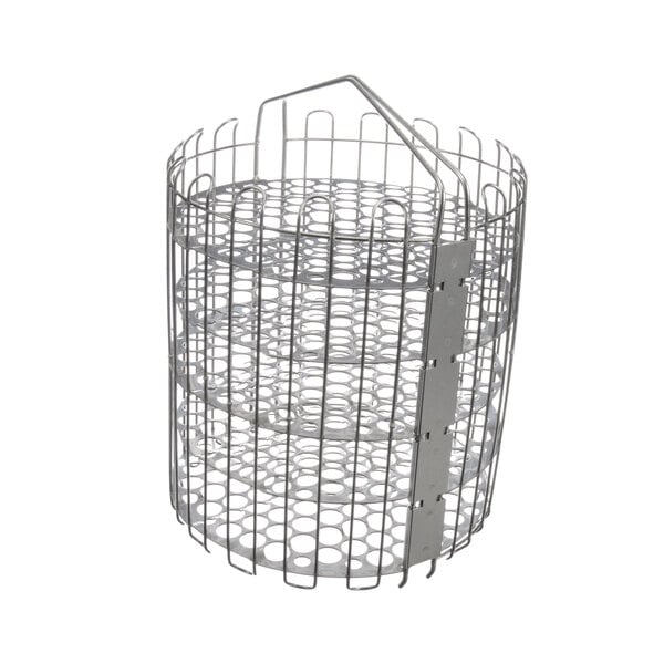 A metal Winston Industries Inc. fryer basket with wire handles and many holes.