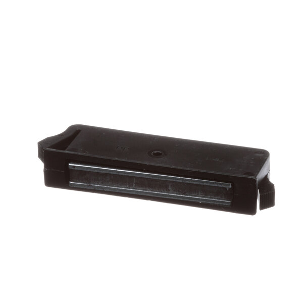 A black rectangular plastic magnet with a metal strip.