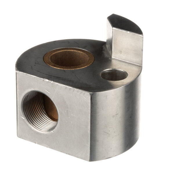 A stainless steel Carriage Block with holes and a nut on it.