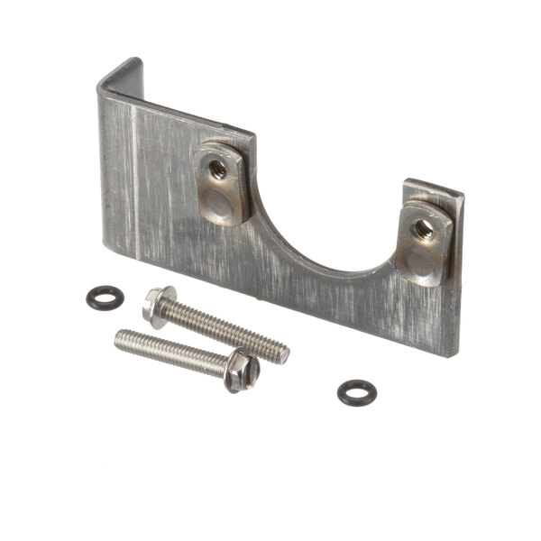 A metal bracket with screws and bolts.