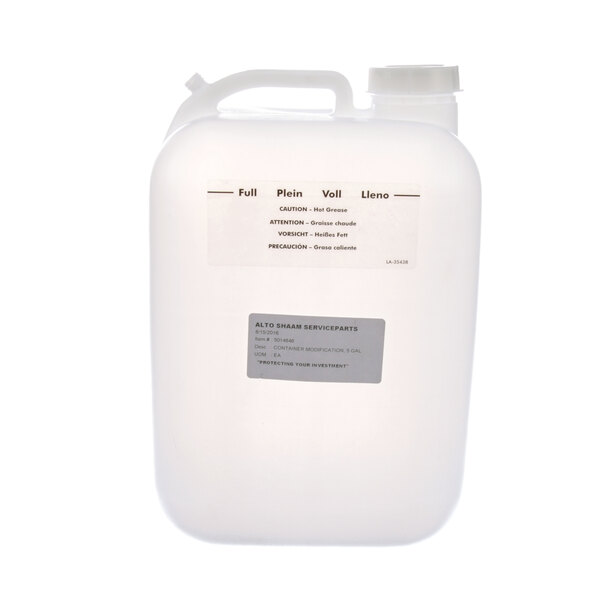 A white plastic container with a label for Alto-Shaam 5014846 grease collector.